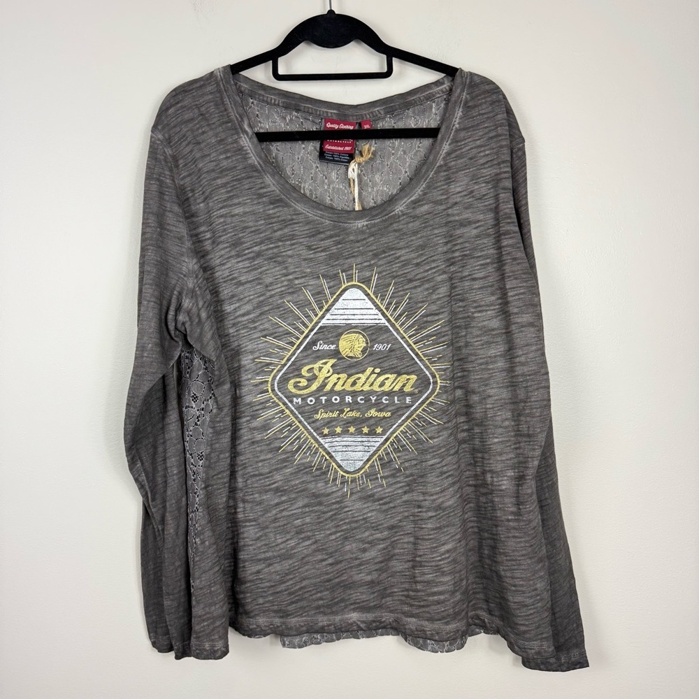 Indian Motorcycle Lace Shirt Womes Large Long Sleeve Diamond Graphic Gray Biker